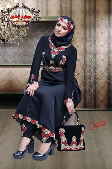Shrouq Black Abaya red Embroidery