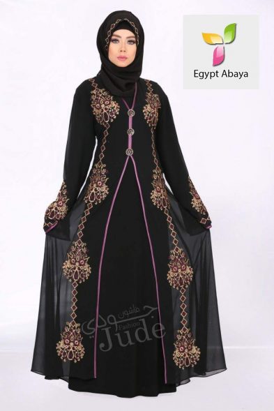 Judee Black Abaya Pink Embroidery