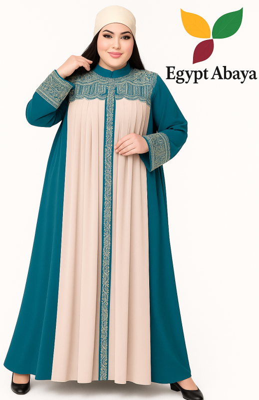 Turquoise embroidered abaya with off-white panels – Egypt Abaya