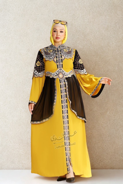 Yellow abaya with black layered design and silver embroidery – Egypt Abaya