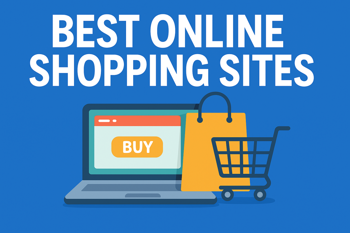 "Best online shopping sites illustration with laptop, shopping bag, and cart representing e-commerce and digital shopping platforms"