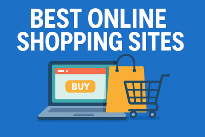 "Best online shopping sites illustration with laptop, shopping bag, and cart representing e-commerce and digital shopping platforms"