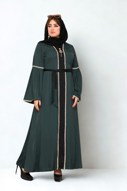 Dark green pleated abaya with black waist belt and detailed trimming – Egypt Abaya