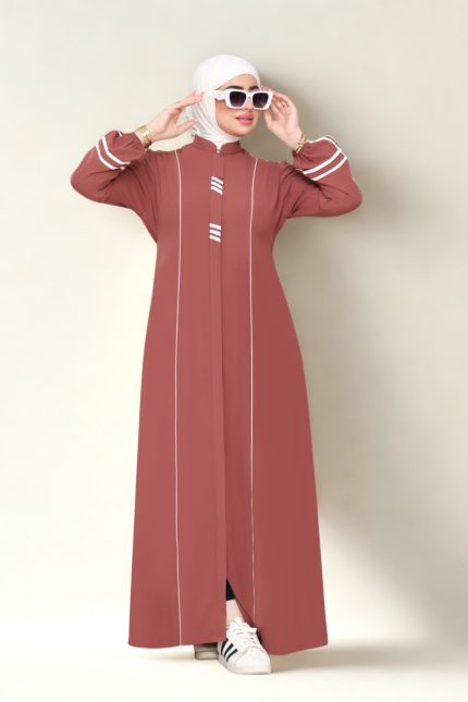 Rust brown abaya with white stripes, long sleeves, and casual modest design – Egypt Abaya