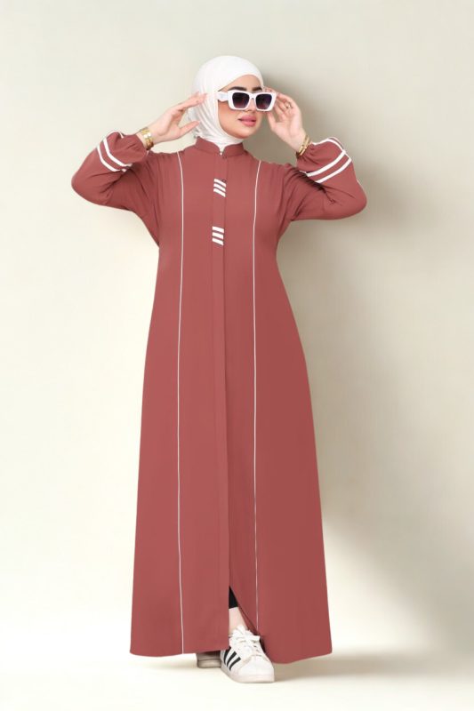 Rust brown abaya with white stripes, long sleeves, and casual modest design – Egypt Abaya