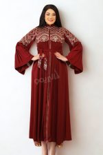 Elegant maroon embroidered abaya with floral patterns and wide sleeves – Egypt Abaya Collection 2025
