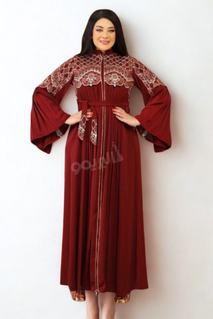 Elegant maroon embroidered abaya with floral patterns and wide sleeves – Egypt Abaya Collection 2025
