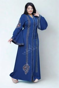 Elegant navy blue embroidered abaya with wide sleeves and intricate golden thread detailing, mode