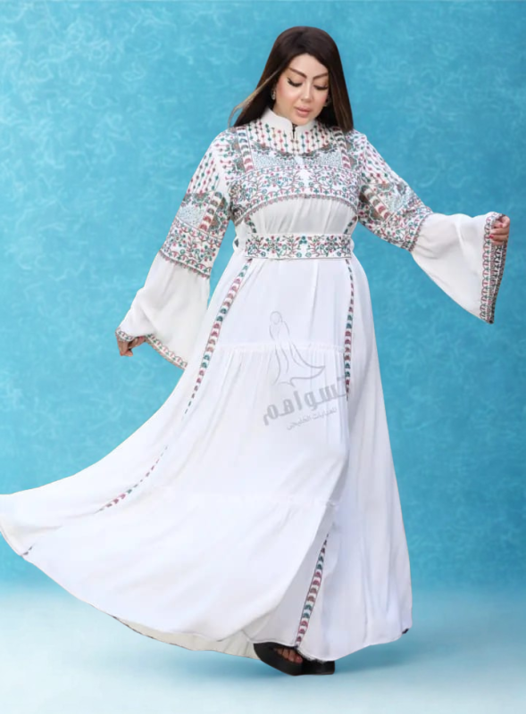 White abaya with colorful embroidered patterns on chest, sleeves, and belt – Special Offer Egypt Abaya
