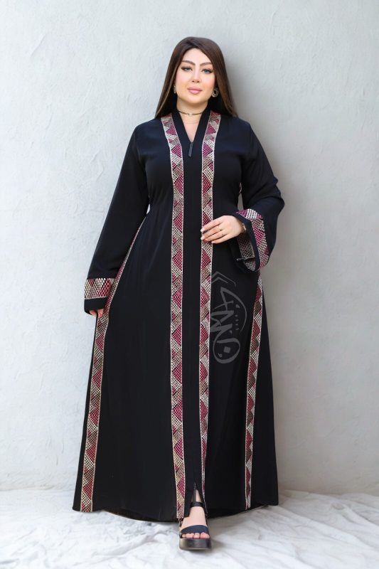 Black abaya with geometric embroidered trim in red and silver from Egypt Abaya